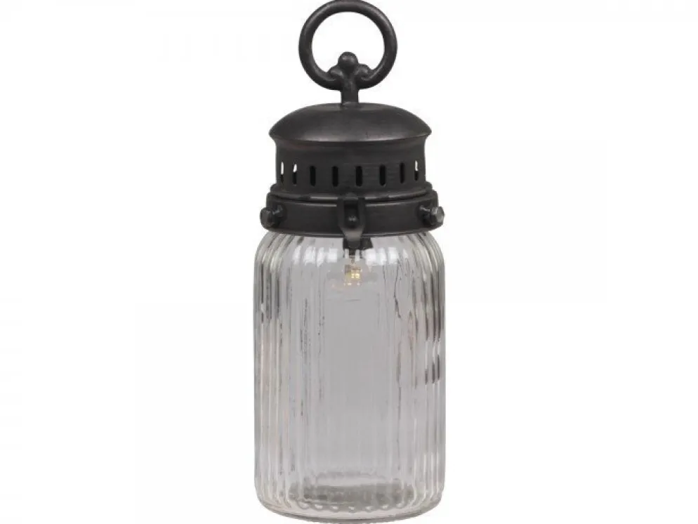Chic Antique Französische Stalllaterne inkl. Glühbirne und Timer mit gerilltem Glas