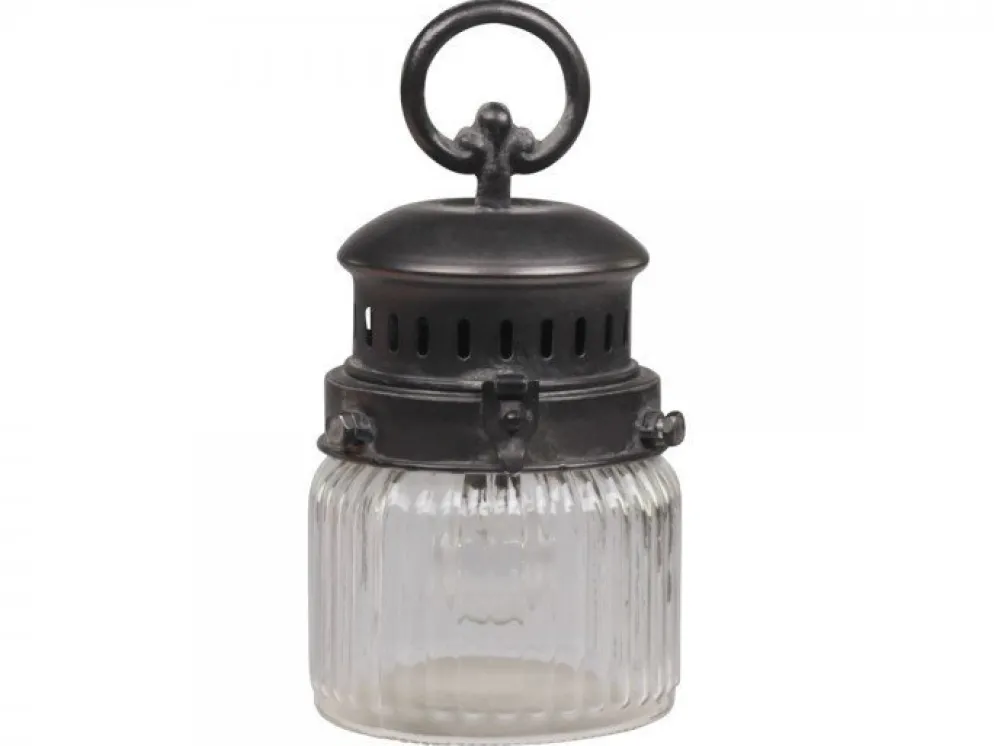Chic Antique Französische Stalllaterne inkl. Glühbirne und Timer mit gerilltem Glas