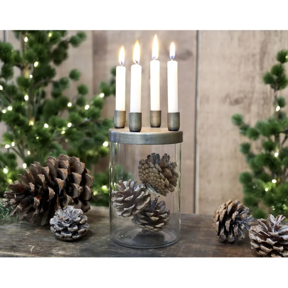 Chic Antique Kerzenständer mit Glas mit 4 Haltern, Messinglook
