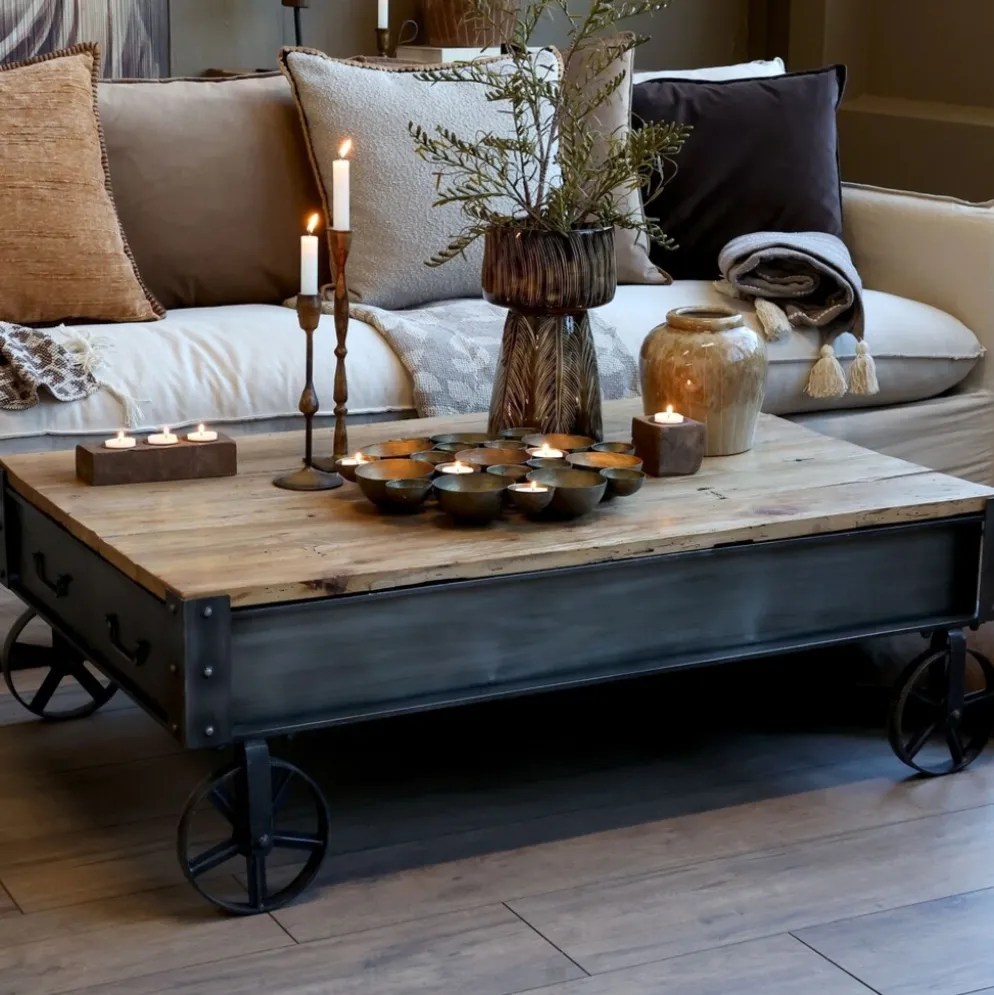 Chic Antique Sofatisch mit Schublade Ulmenholz Schwarz & Natur