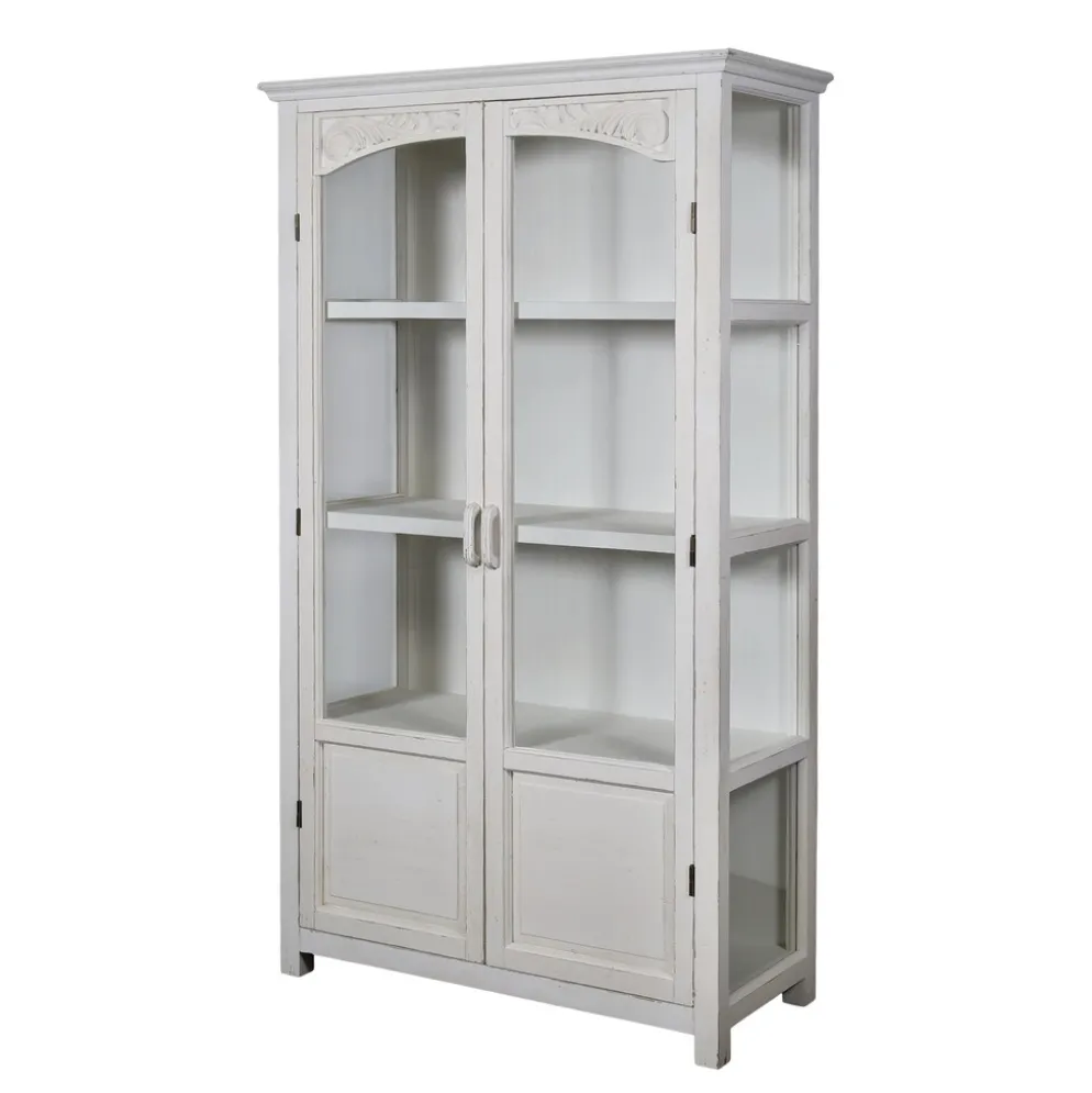 Chic Antique Weißer Vitrinenschrank mit Glastüren und Regalböden