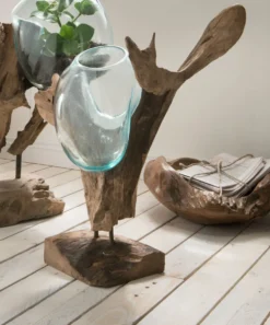 Faktorei Deko-Wurzel mit Glasvase in Tropfenform Teak-Holz
