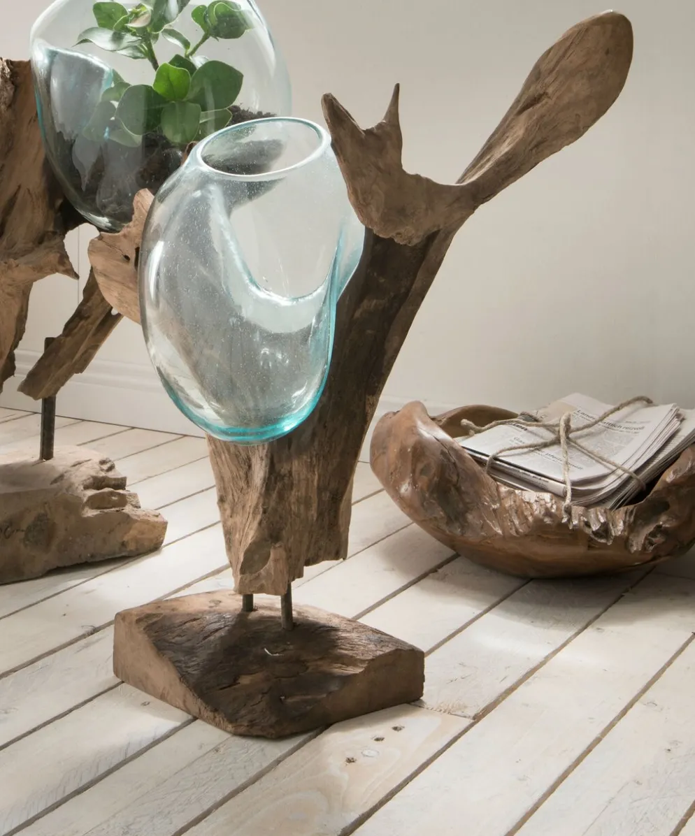 Faktorei Deko-Wurzel mit Glasvase in Tropfenform Teak-Holz