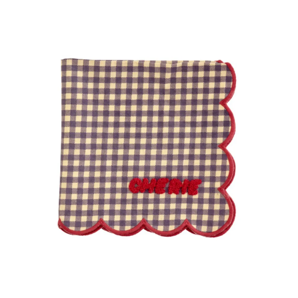 RICE Baumwoll-Serviette Karo in Himbeerrosa mit Wellenrand