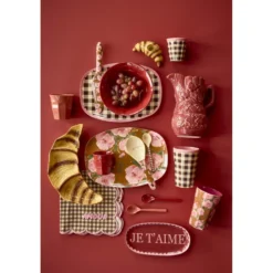 RICE Baumwoll-Serviette Karo Pink mit Wellenrand und Stickerei