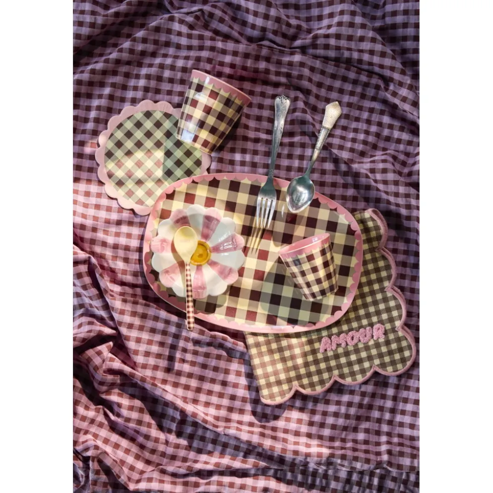 RICE Baumwoll-Serviette Karo Pink mit Wellenrand und Stickerei