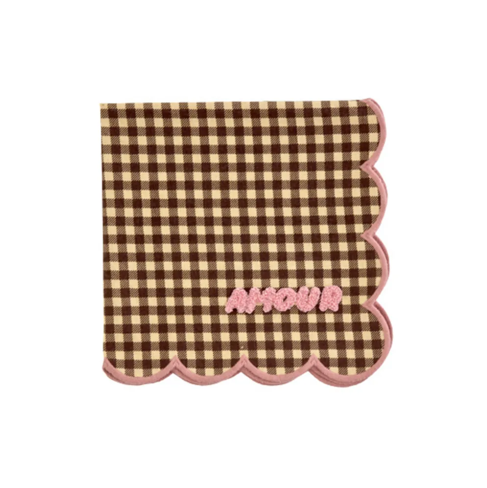 RICE Baumwoll-Serviette Karo Pink mit Wellenrand und Stickerei