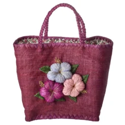 RICE Große Raffia Tasche mit Blumenstickerei