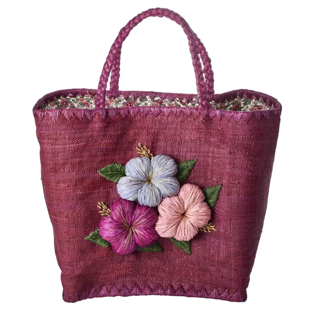 RICE Große Raffia Tasche mit Blumenstickerei