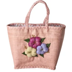 RICE Große Raffia Tasche mit Blumenstickerei