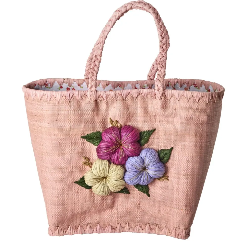 RICE Große Raffia Tasche mit Blumenstickerei