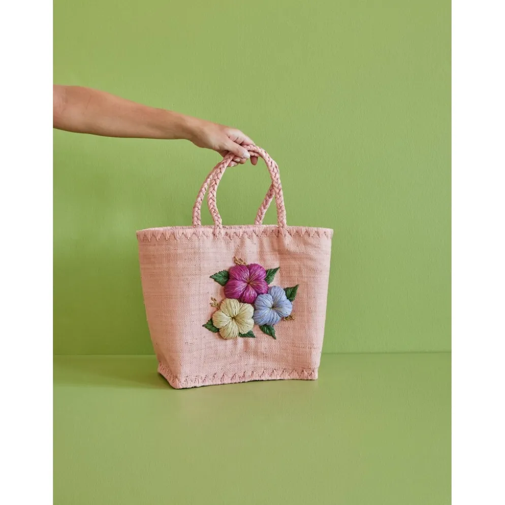 RICE Große Raffia Tasche mit Blumenstickerei