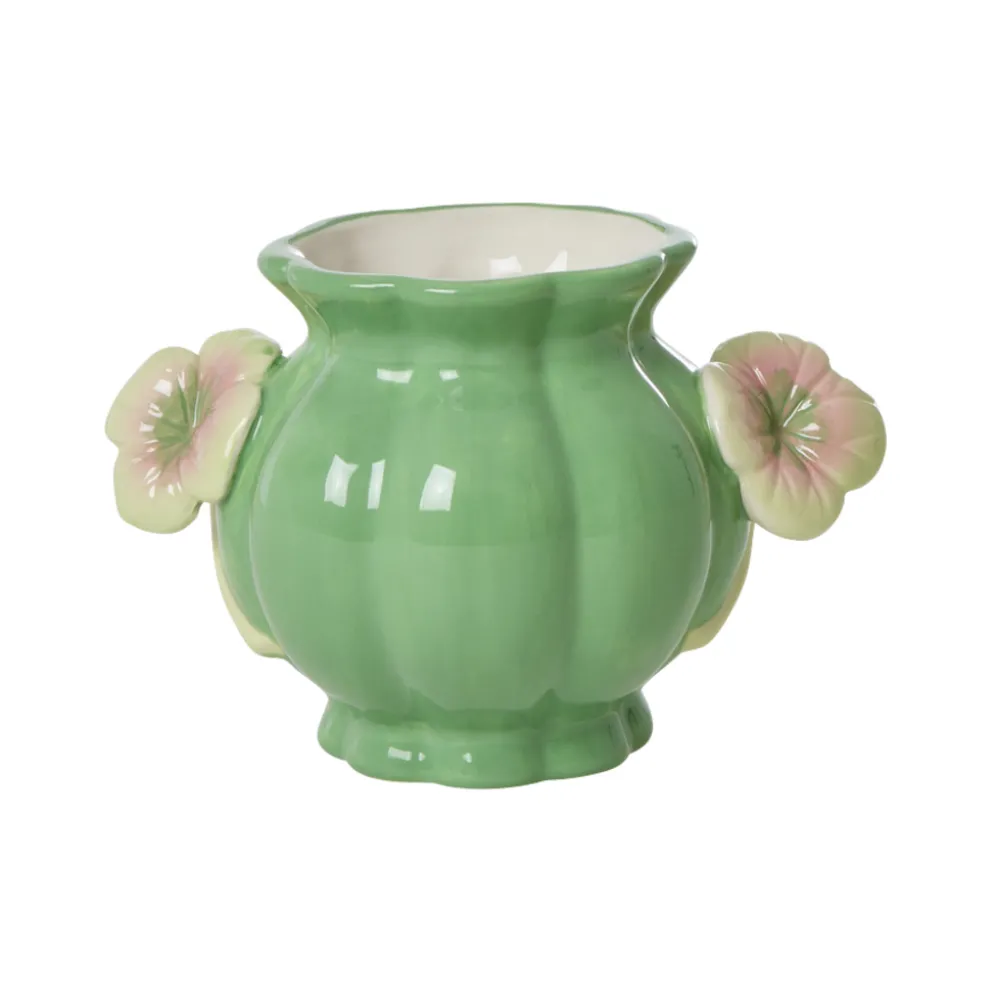 RICE Handbemalte Keramik Vase mit Blumenhenkel