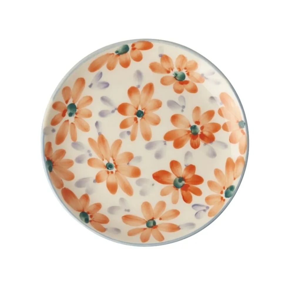 RICE Keramik Kuchenteller mit Handgemalten Blumen Orange