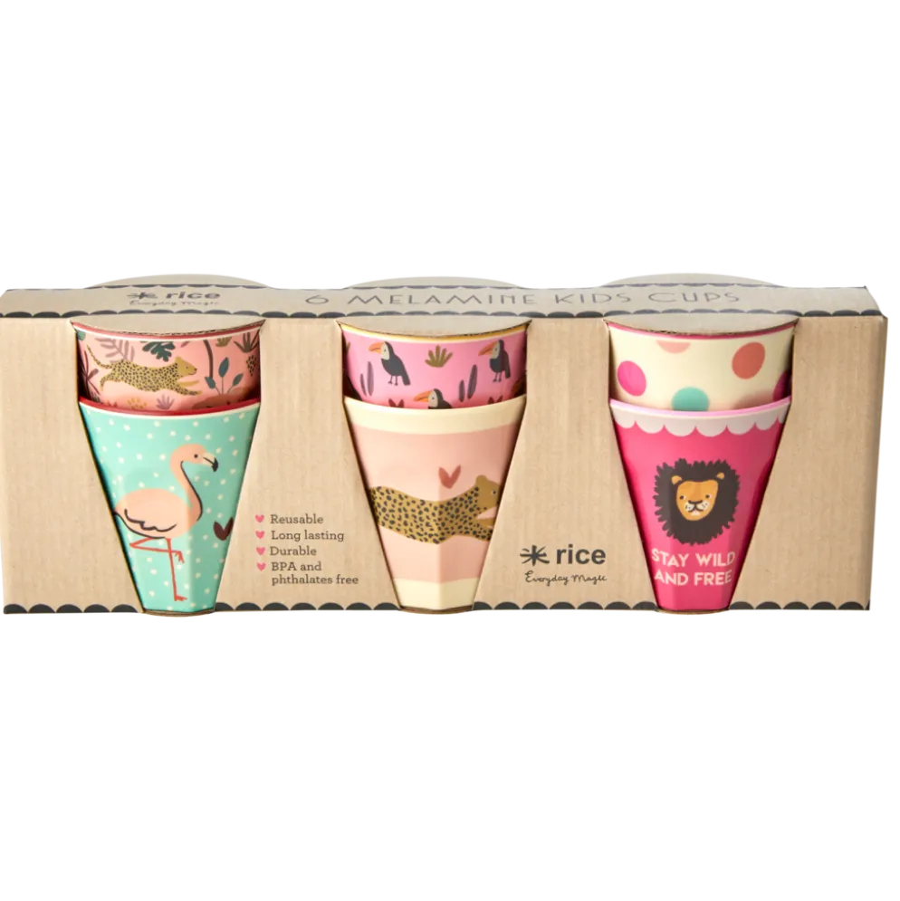RICE Kleine Melamin Kinder Becher Jungle Animals 6er Pack