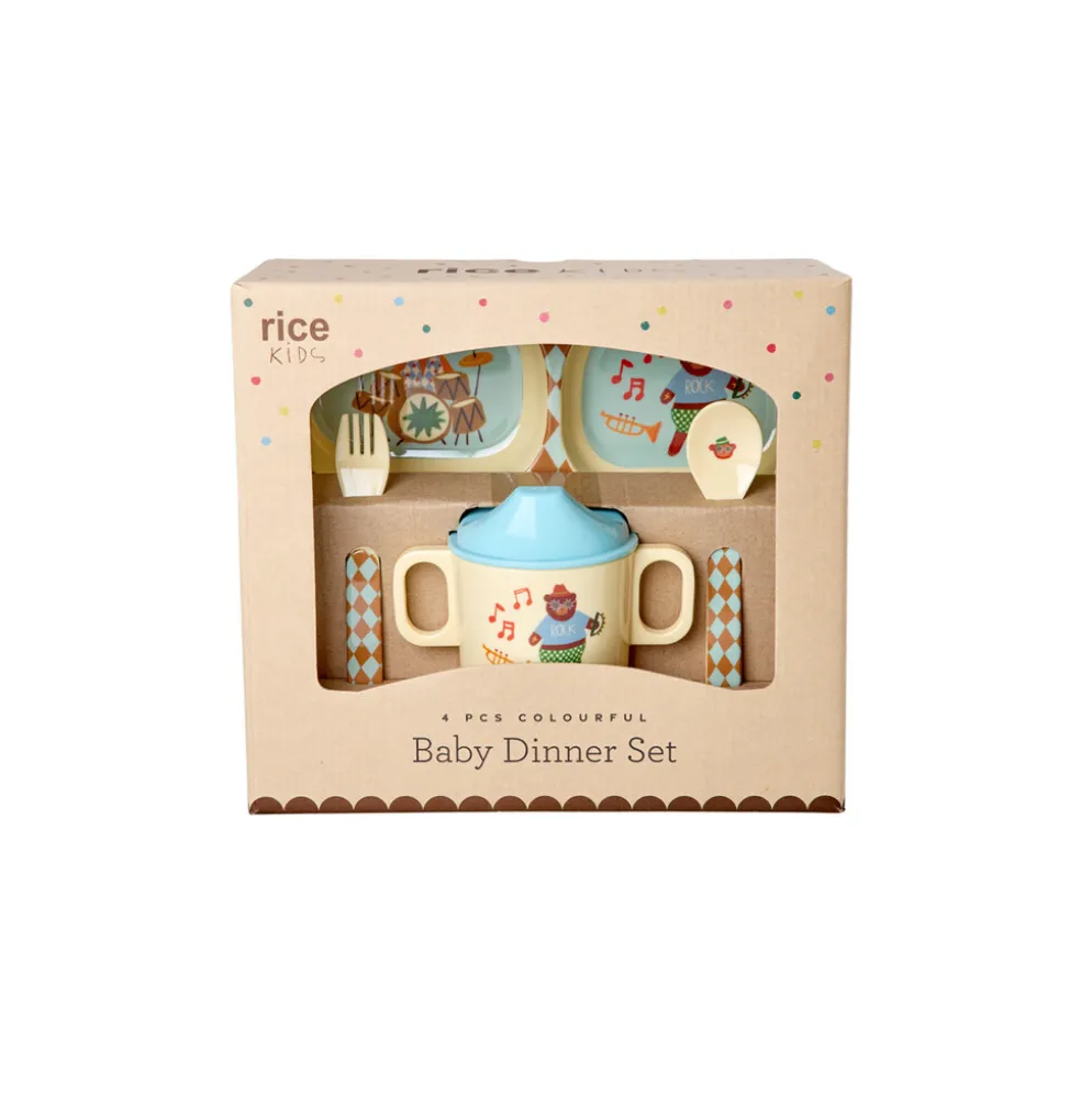 RICE Melamin Baby-Geschirrset Music Band in Geschenkbox, 4-teilig