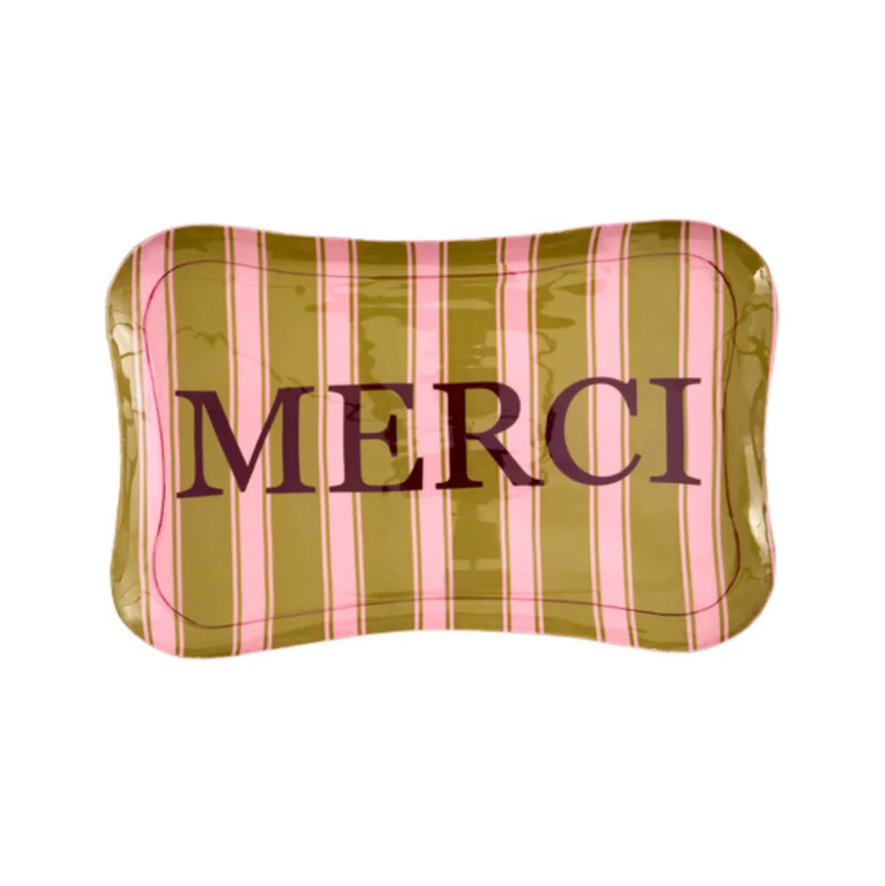 RICE Metall-Tablett Gestreift mit Merci-Schriftzug
