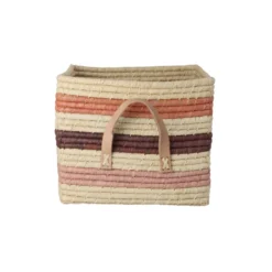 RICE Quadratischer Raffia Korb mit bunten Streifen und Ledergriffen