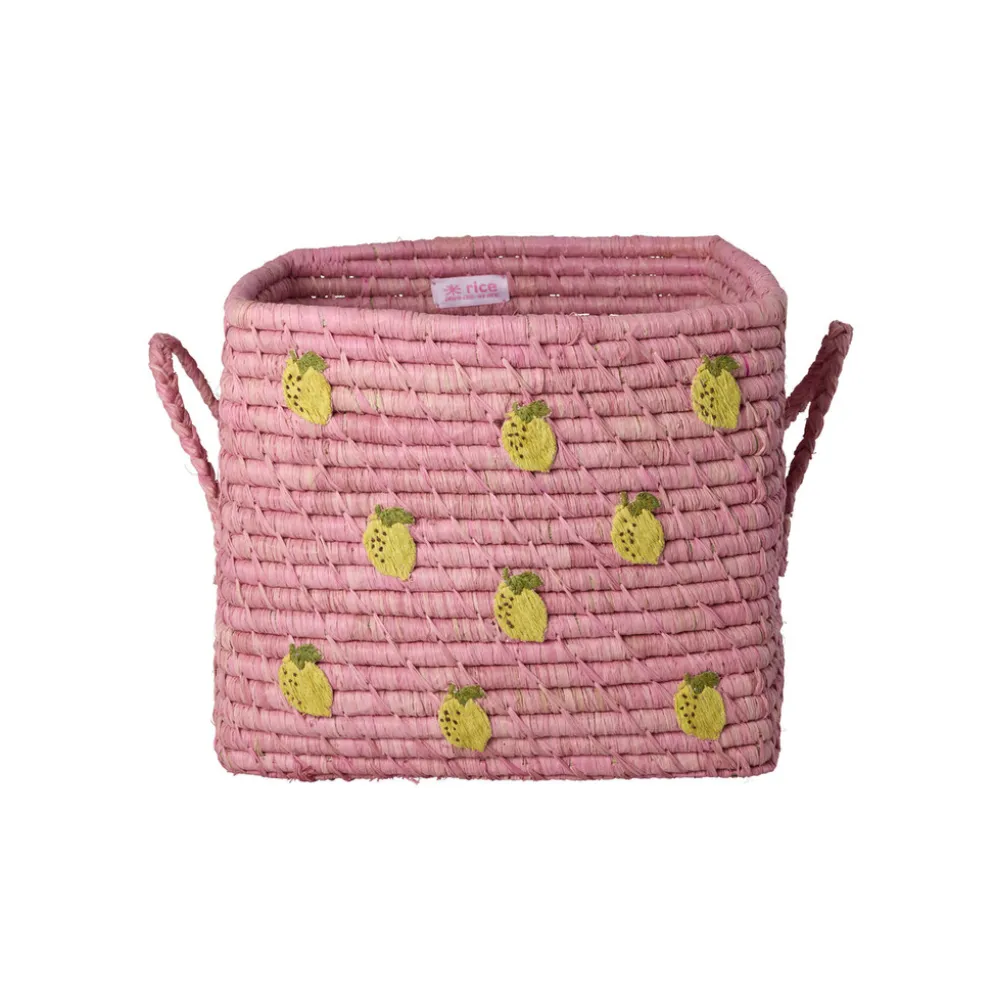 RICE Quadratischer Raffia Korb mit Zitronen-Stickerei