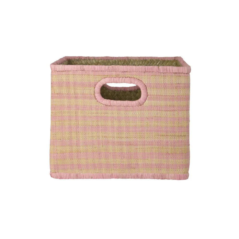 RICE Quadratischer Raffia Korb Pink Checks 30x30x25