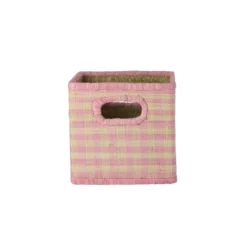 RICE Quadratischer Raffia Korb Pink Checks 30x30x25