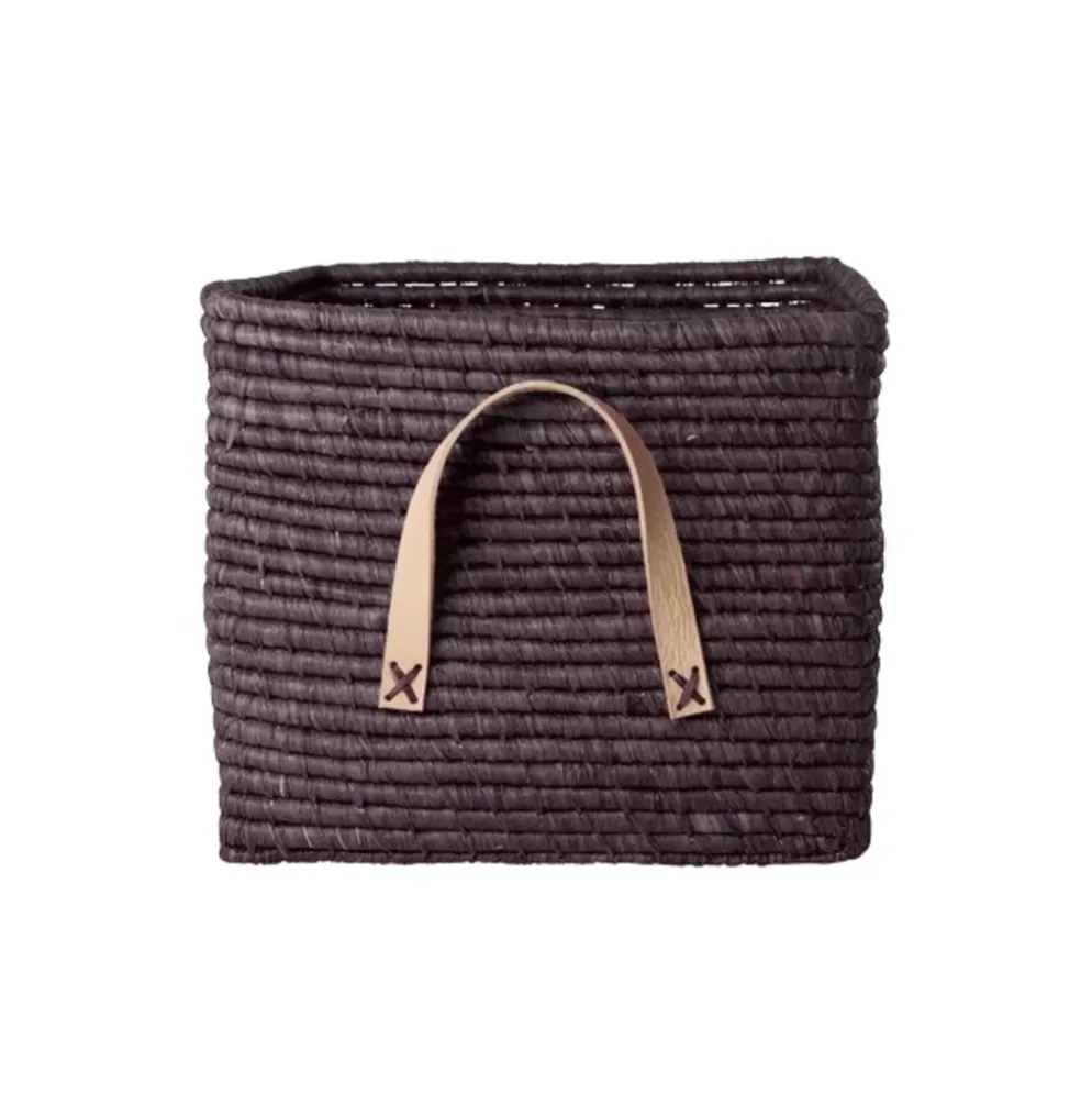 RICE Raffia Aufbewahrungskorb mit Lederschlaufen 30x30x25 cm