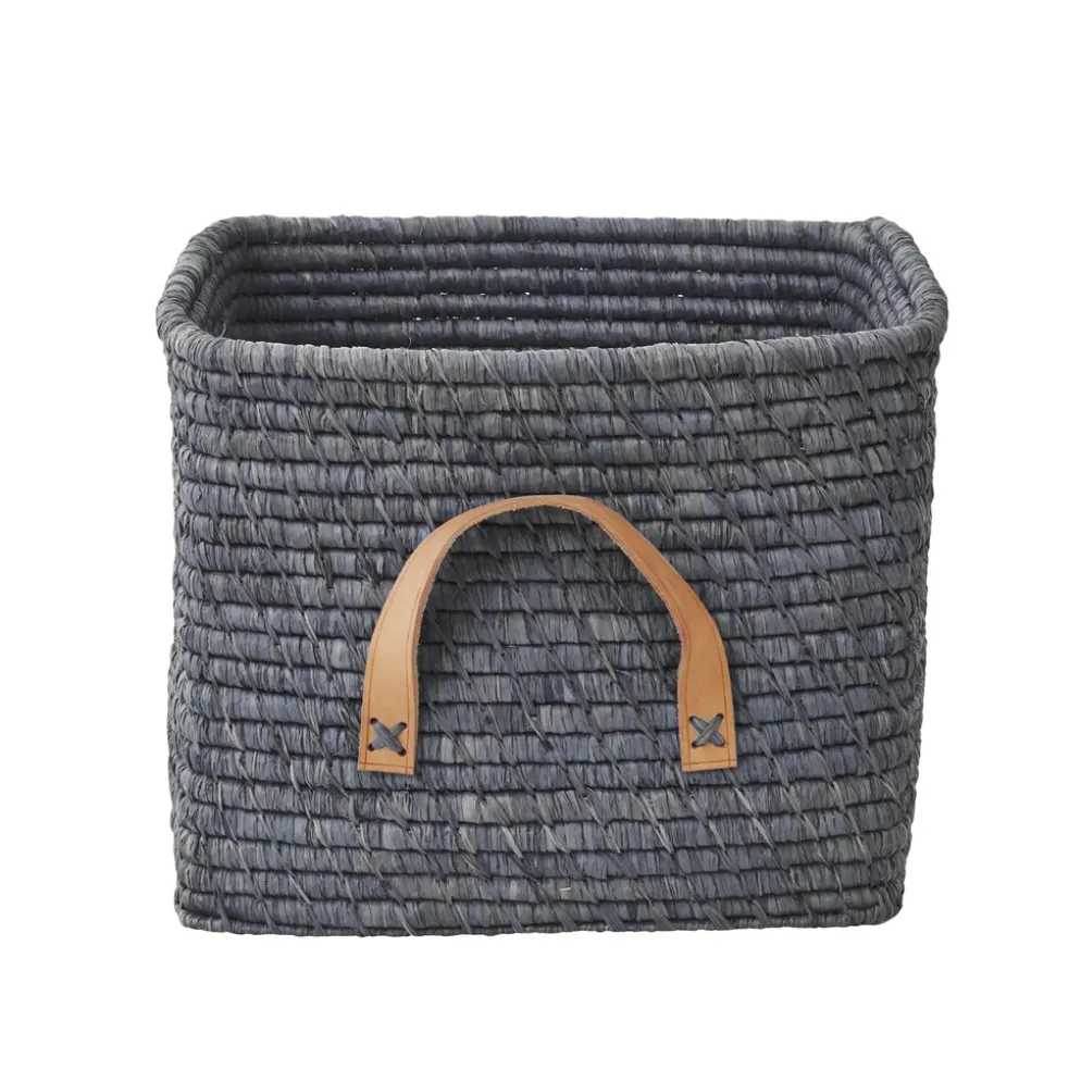 RICE Raffia Aufbewahrungskorb mit Lederschlaufen 30x30x25 cm