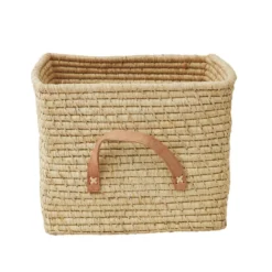RICE Raffia Aufbewahrungskorb mit Lederschlaufen 30x30x25 cm