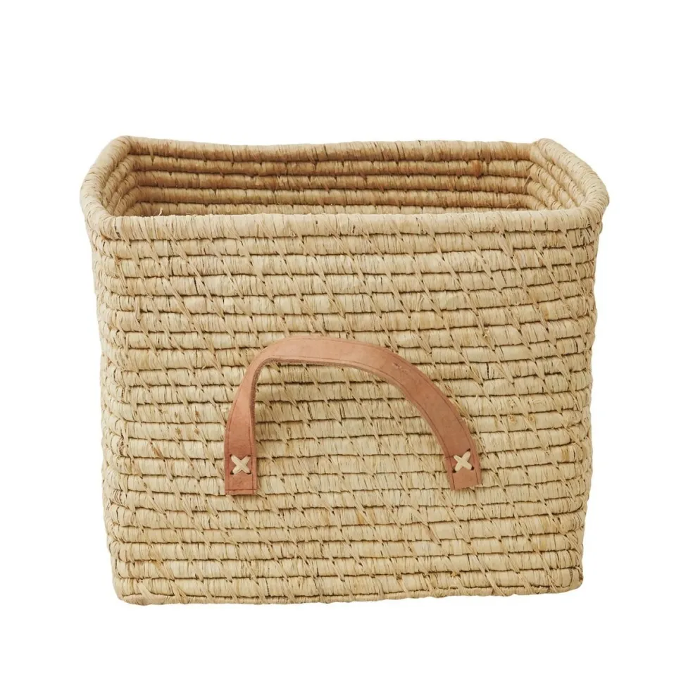 RICE Raffia Aufbewahrungskorb mit Lederschlaufen 30x30x25 cm