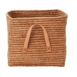 RICE Raffia Aufbewahrungskorb mit Lederschlaufen 30x30x25 cm