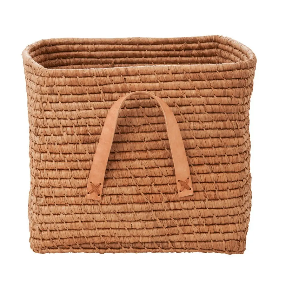 RICE Raffia Aufbewahrungskorb mit Lederschlaufen 30x30x25 cm