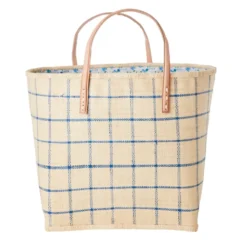 RICE Raffia Tasche Kariert mit Ledergriffen