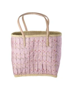 RICE Raffia-Tasche Pink mit Lederhenkeln & Stoffverschluss
